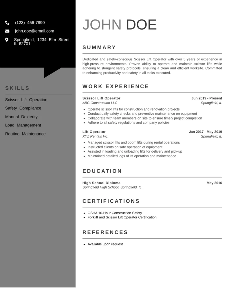 scissor lift operator resume template with professional summary, skills, certifications, and work experience sections