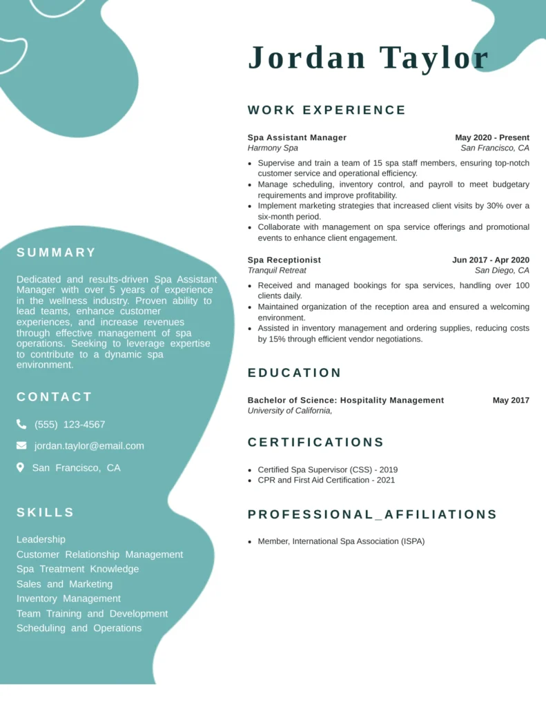 Spa Assistant Manager resume example with summary, skills, certifications, and work experience in spa operations, scheduling, staff training, and guest service management.