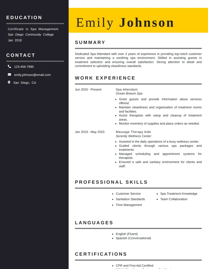 Spa attendant resume template with structured sections for summary, spa experience, sanitation skills, certifications and hospitality-focused contact sidebar.