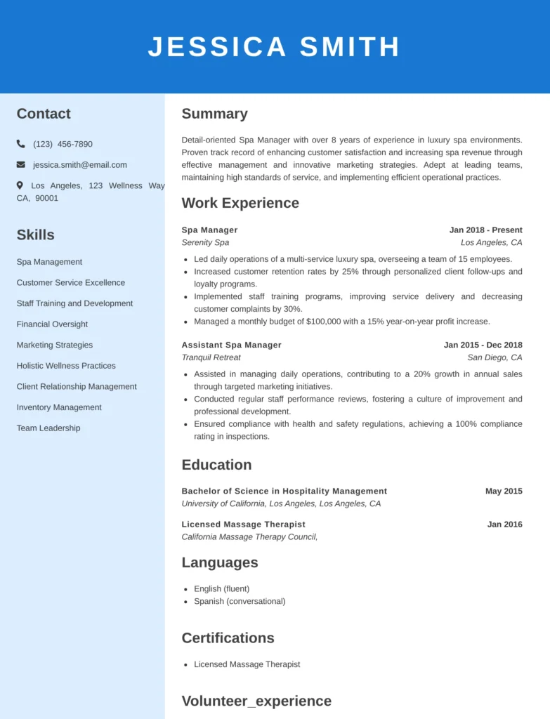Spa manager resume template featuring leadership experience, spa operations skills, team management achievements and a clean two-column professional design.