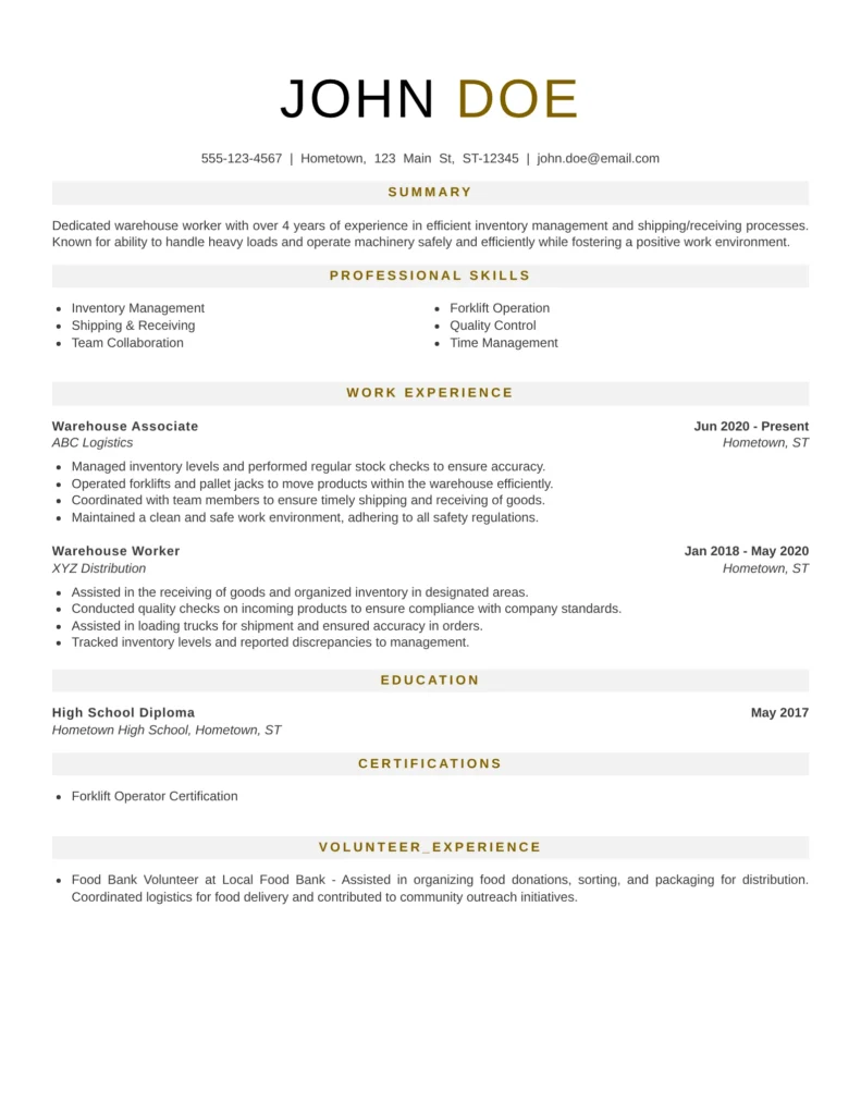 warehouse worker resume template showing summary, inventory skills, shipping and receiving experience, and certifications