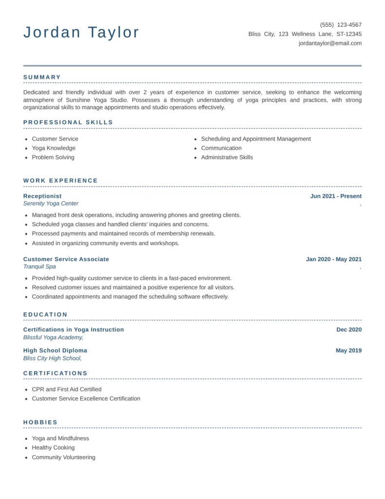 Yoga studio receptionist resume example featuring sections for summary, professional skills, work experience, education, certifications, and hobbies. The layout highlights customer service experience, yoga knowledge, and administrative abilities suitable for a gym or wellness center receptionist role.
