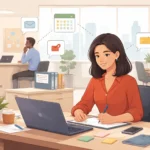 A modern office scene with an administrative assistant working at a desk on a laptop while coordinating emails and schedules, with coworkers communicating in the background.