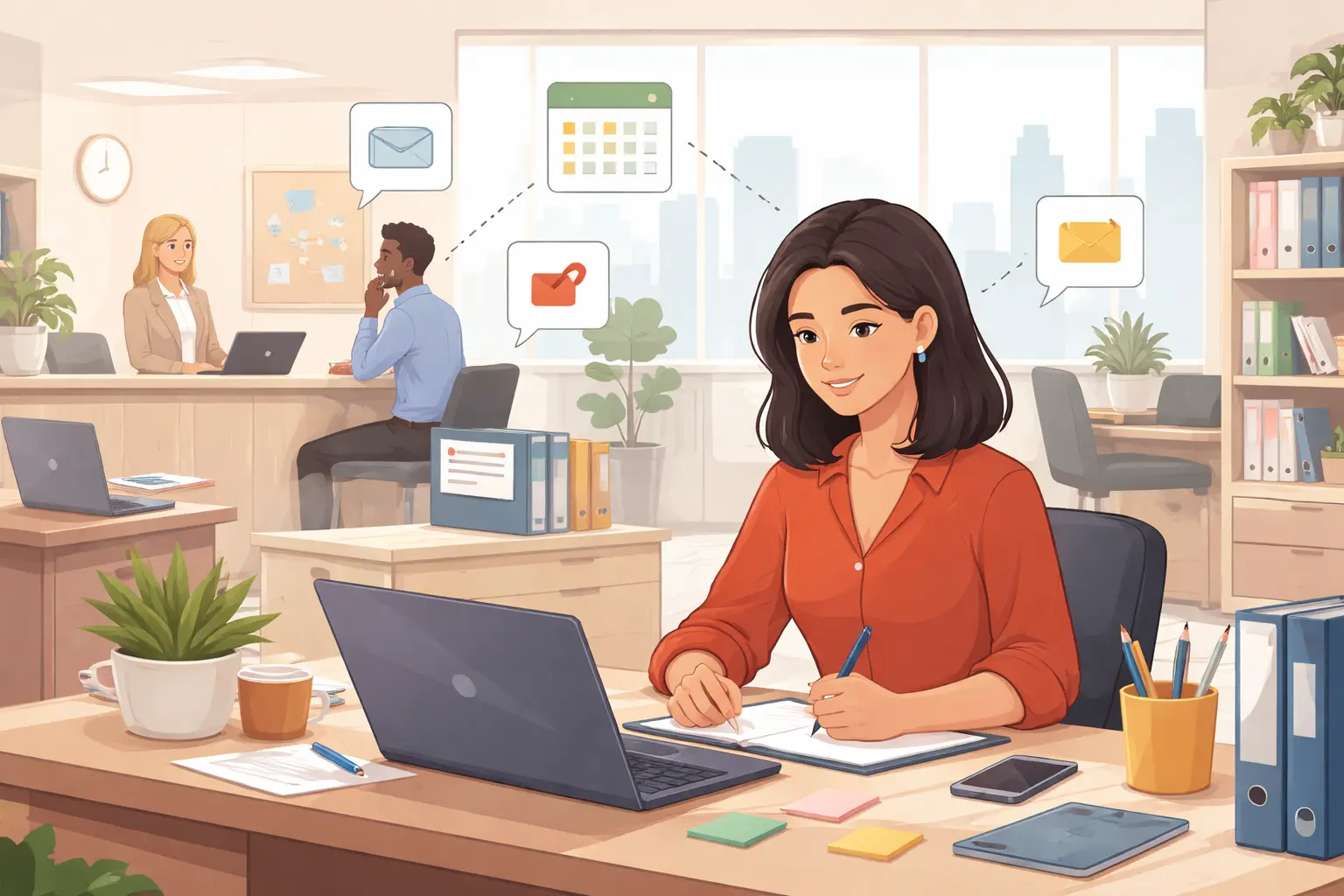 A modern office scene with an administrative assistant working at a desk on a laptop while coordinating emails and schedules, with coworkers communicating in the background.