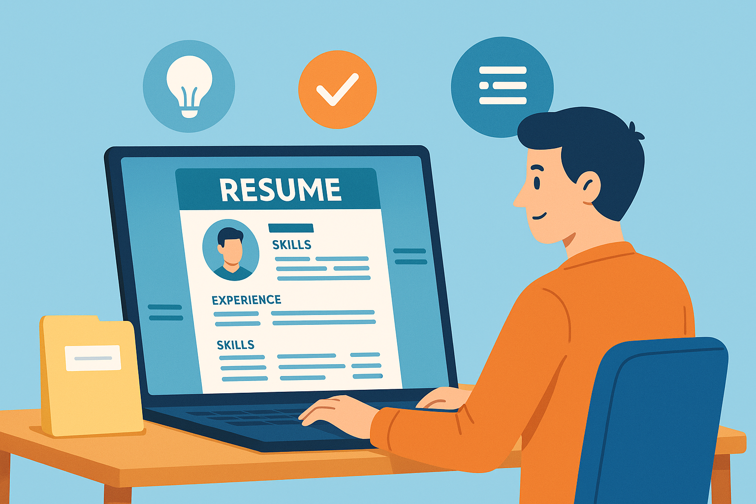 Animated illustration of a person working on an actuary resume on a laptop with icons showing skills and experience.