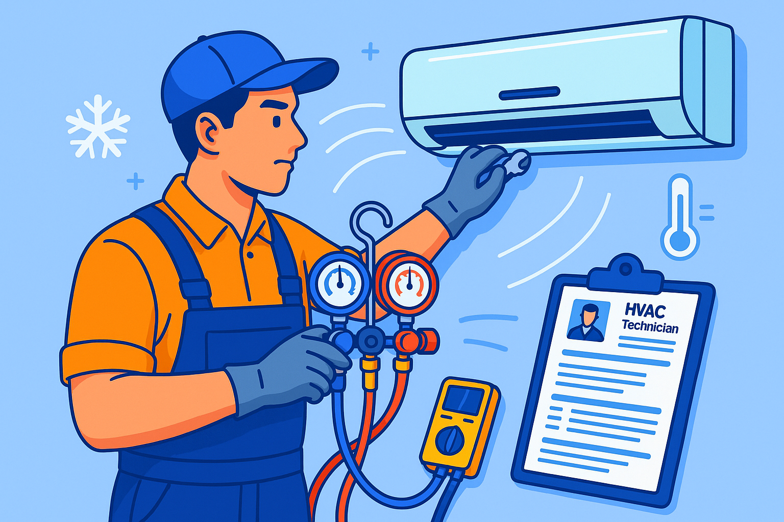 Animated HVAC technician working on an air conditioning unit for an HVAC technician resume guide