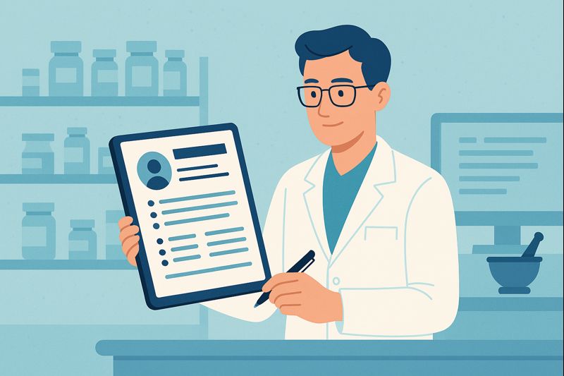 Animated illustration of a pharmacist reviewing a pharmacist resume in a modern pharmacy setting.