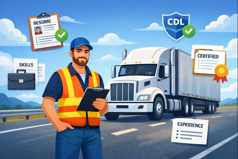 Animated illustration of a professional truck driver standing beside a commercial truck, representing an ATS-friendly truck driver resume with CDL, skills, and work experience highlights.