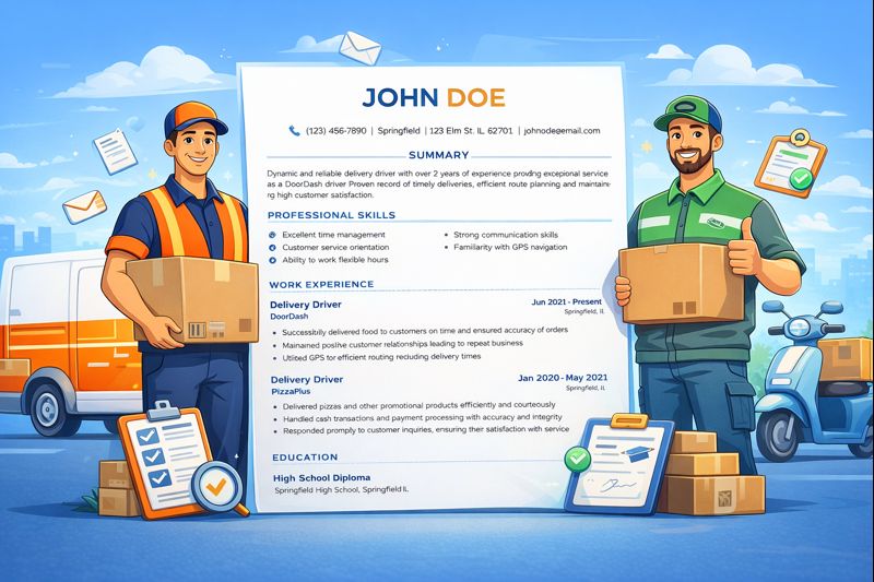 Animated delivery driver resume illustration showing cartoon delivery drivers, an ATS-friendly resume layout, and delivery icons in a professional setting.