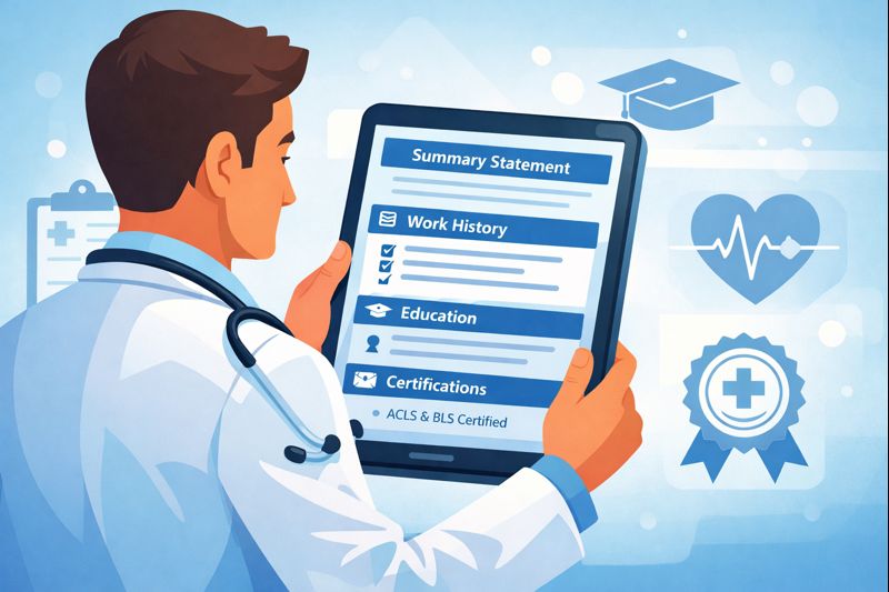 Animated illustration of a doctor reviewing a Physician Resume on a digital tablet, highlighting summary, work history, education, and certifications.