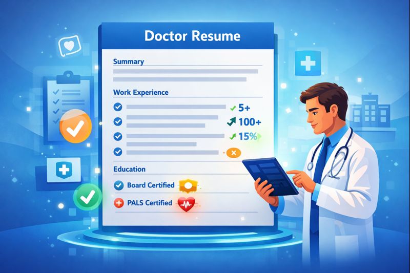 Animated doctor resume illustration showing a medical professional reviewing a digital resume with highlighted experience, education, and certifications.