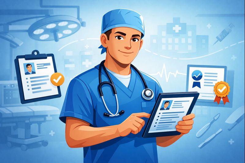 Animated surgeon reviewing a digital surgeon resume on a tablet in a modern hospital setting