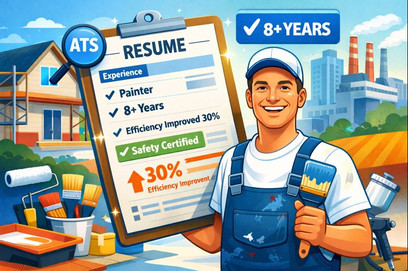 Happy professional painter holding an ATS-friendly painter resume with highlighted experience, efficiency metrics, and safety certification