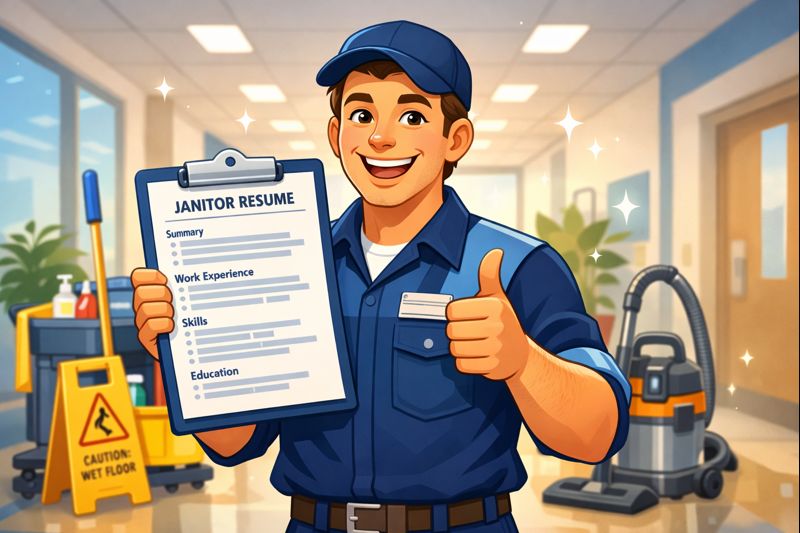 Happy professional janitor holding a clipboard with a well-structured janitor resume in a clean office environment
