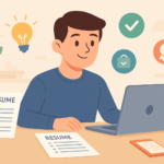 Animated character sitting at a desk using a laptop with resumes, career icons, and idea light bulb representing how to get a job with no experience.