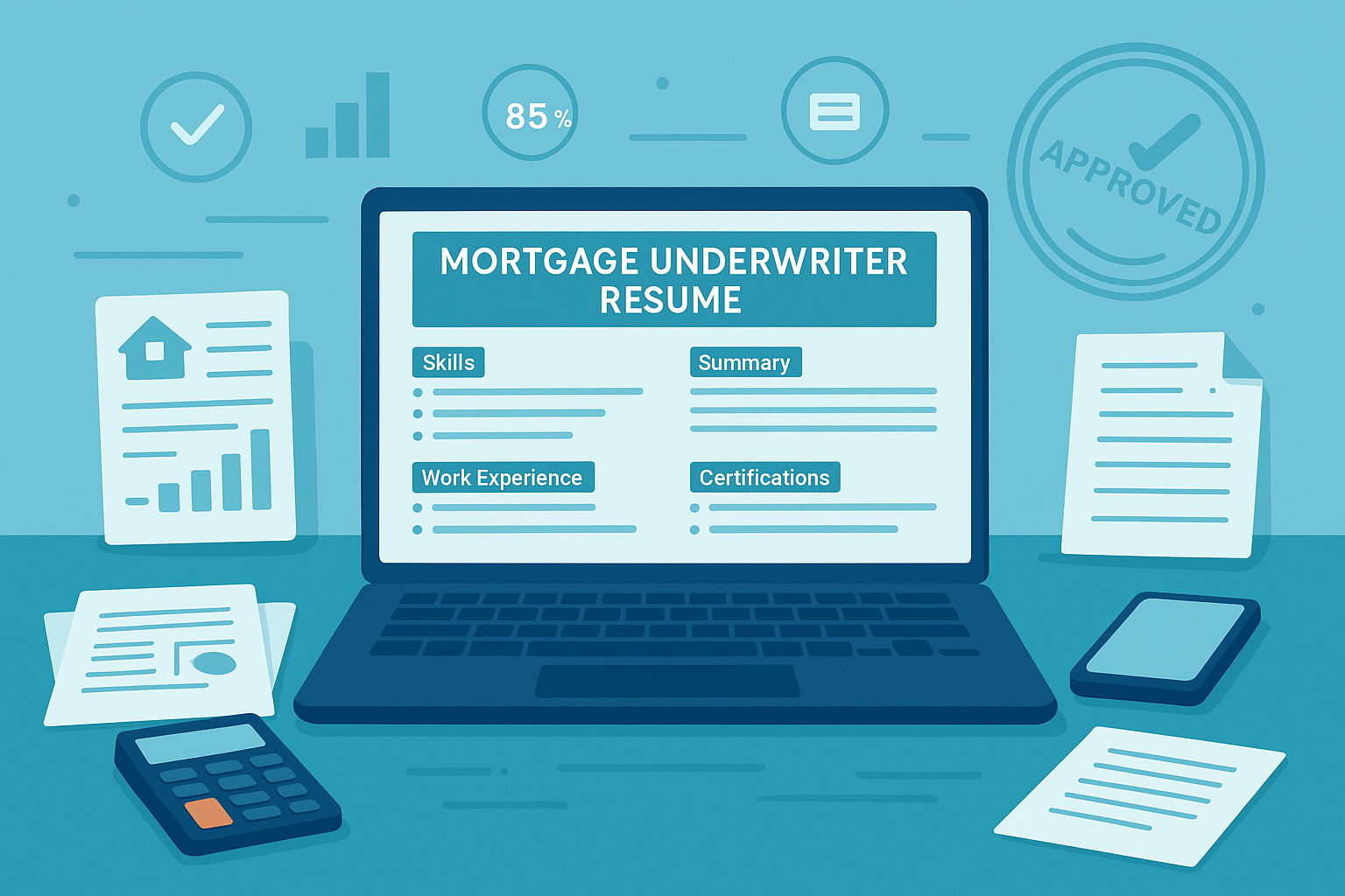 Animated mortgage underwriter resume workspace with laptop, documents, and financial icons to represent resume tips, examples, and underwriting careers.