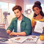 Actor preparing a professional cover letter for an audition in a modern casting studio setting