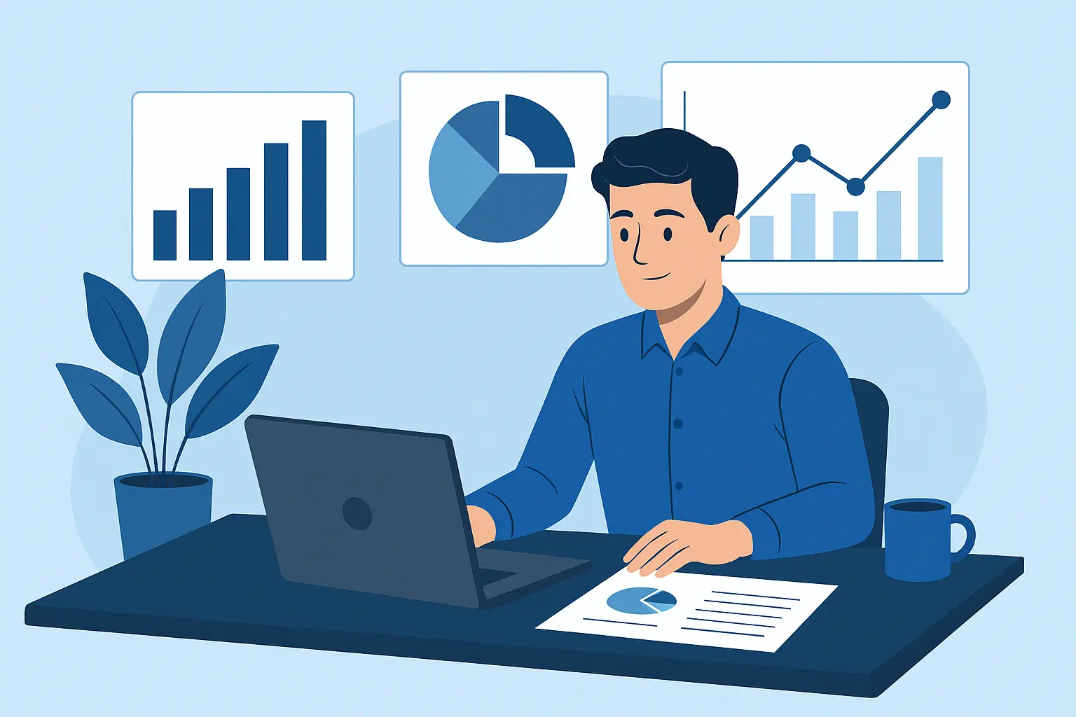 Illustration of a data analyst working on a laptop with charts, graphs, and dashboards displayed on the wall in a modern office setting.
