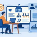 Illustration of a person researching a company and job role on a large computer screen, surrounded by icons representing targets, charts, teams, and organizational insights.