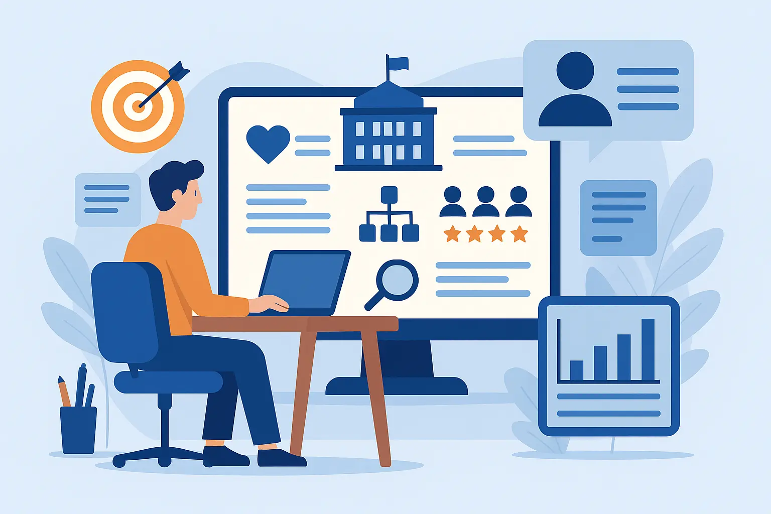 Illustration of a person researching a company and job role on a large computer screen, surrounded by icons representing targets, charts, teams, and organizational insights.
