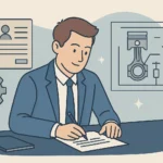 Illustration of a mechanical engineer sitting at a desk and writing an application letter, with engineering diagrams and tools in the background.