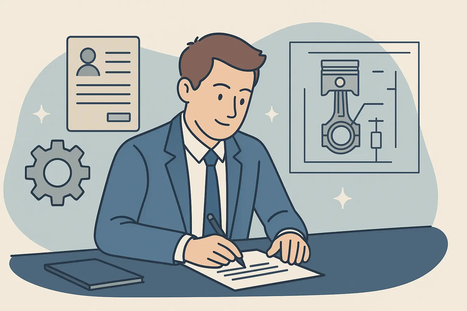 Illustration of a mechanical engineer sitting at a desk and writing an application letter, with engineering diagrams and tools in the background.