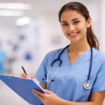A smiling new graduate nurse in blue scrubs holding a clipboard and stethoscope in a hospital environment