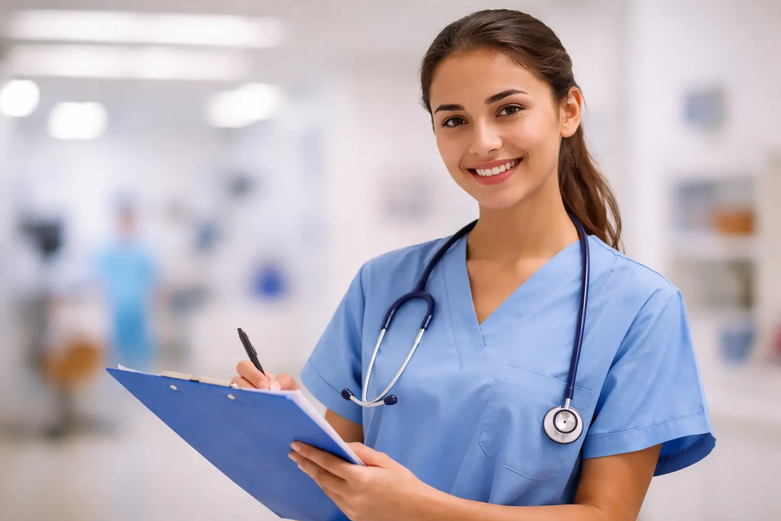A smiling new graduate nurse in blue scrubs holding a clipboard and stethoscope in a hospital environment