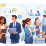Illustration of diverse professionals engaging in workplace communication, including team discussions, virtual meetings, and digital collaboration tools, representing verbal, non-verbal, written, and digital communication skills.