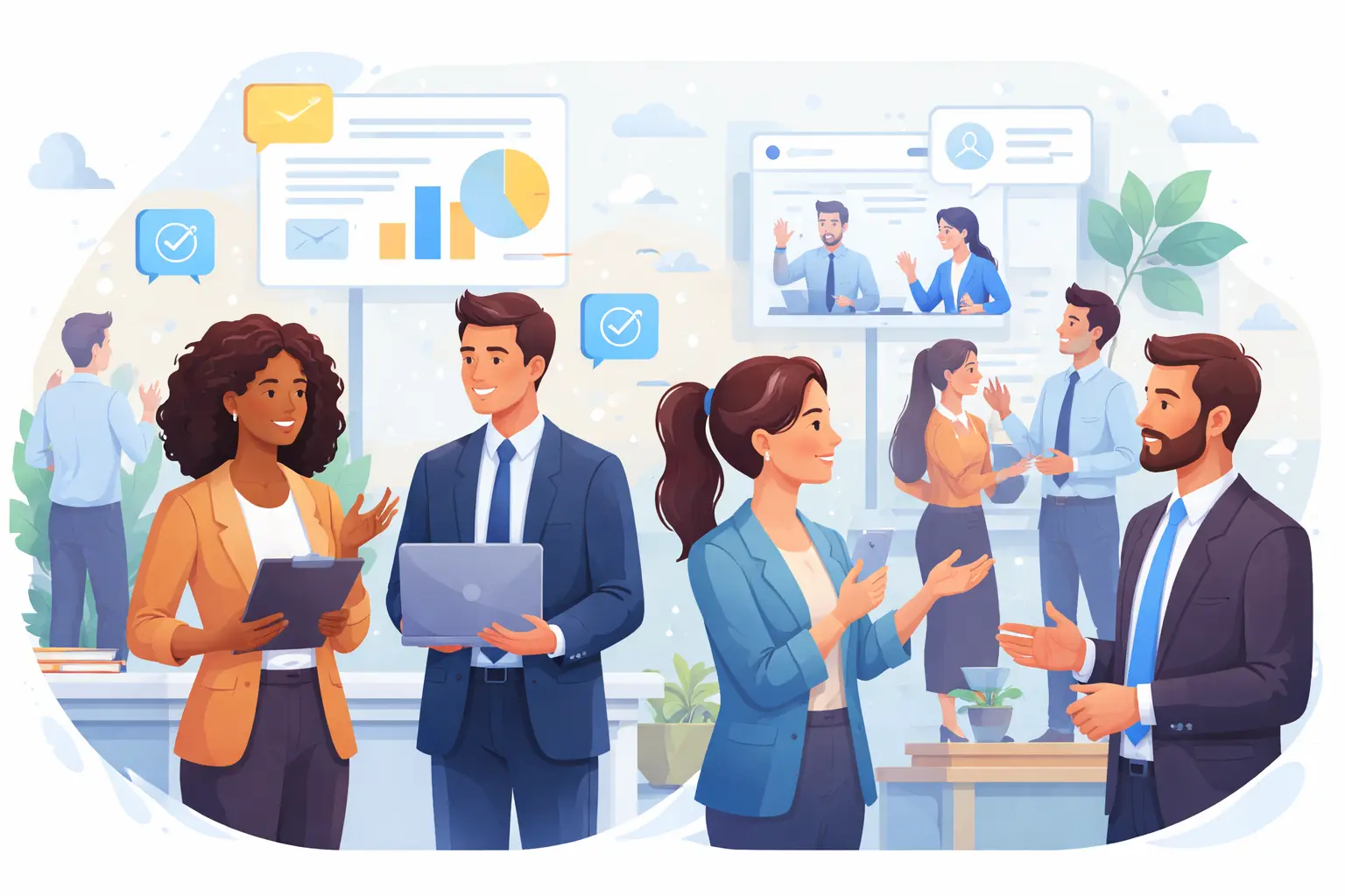 Illustration of diverse professionals engaging in workplace communication, including team discussions, virtual meetings, and digital collaboration tools, representing verbal, non-verbal, written, and digital communication skills.