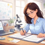 Young research assistant reviewing documents and analyzing research data in a modern lab workspace with a microscope and laptop