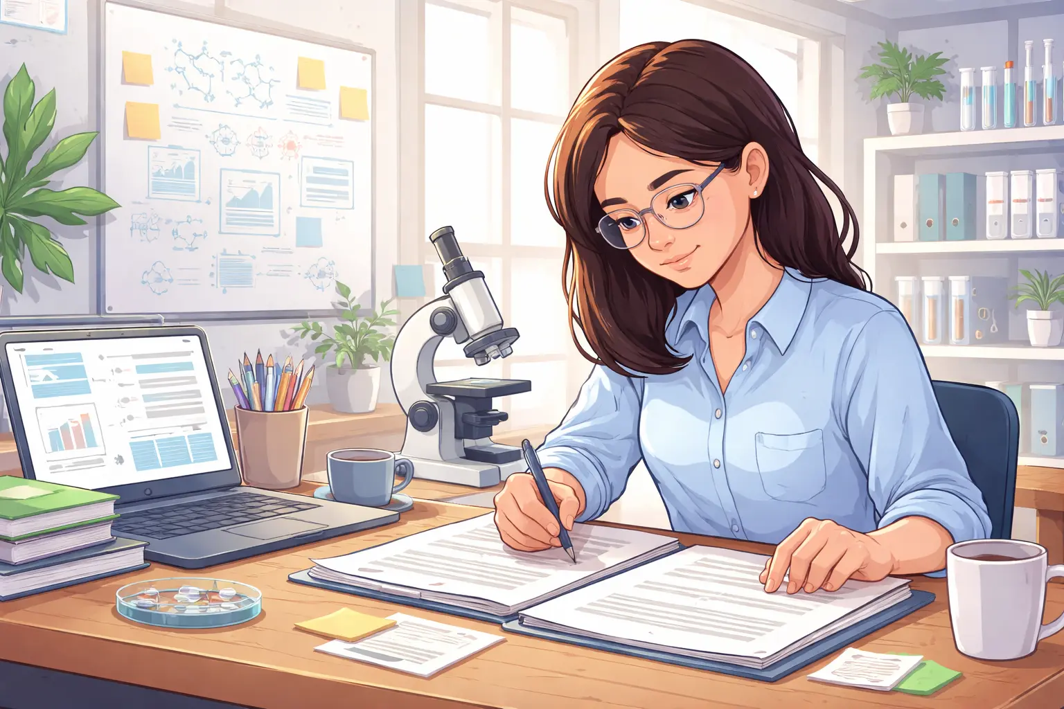 Young research assistant reviewing documents and analyzing research data in a modern lab workspace with a microscope and laptop