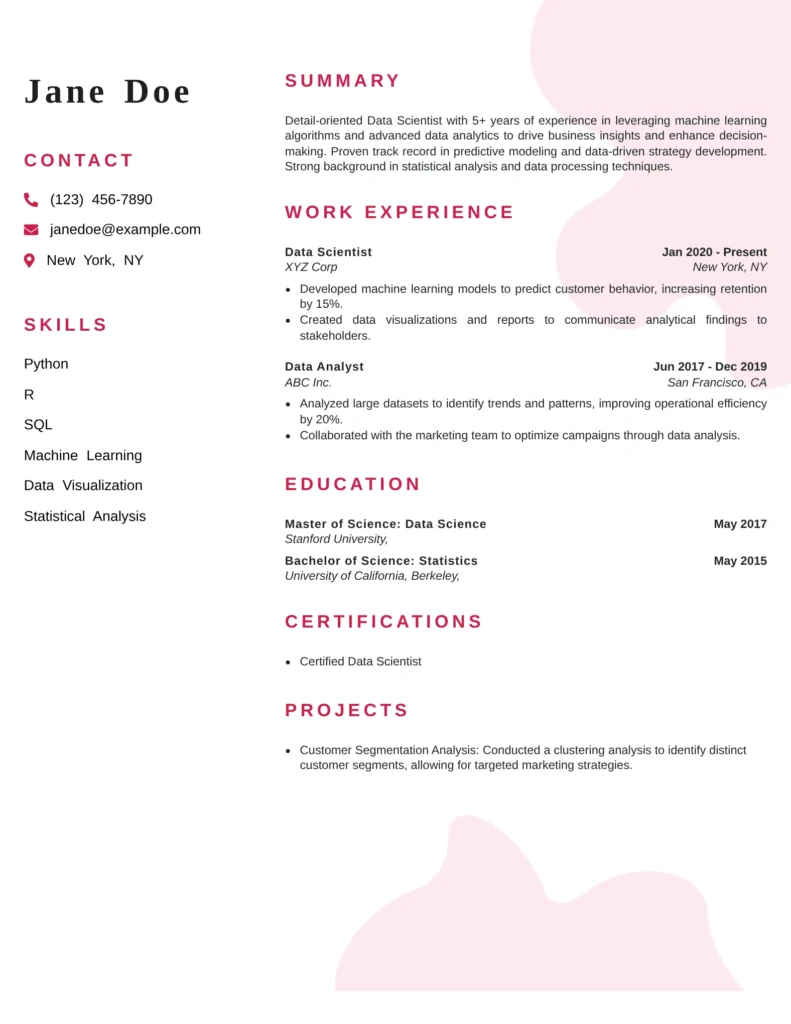 Data Scientist resume sample with machine learning, Python, R, SQL, predictive modeling, data visualization, and analytics project experience.