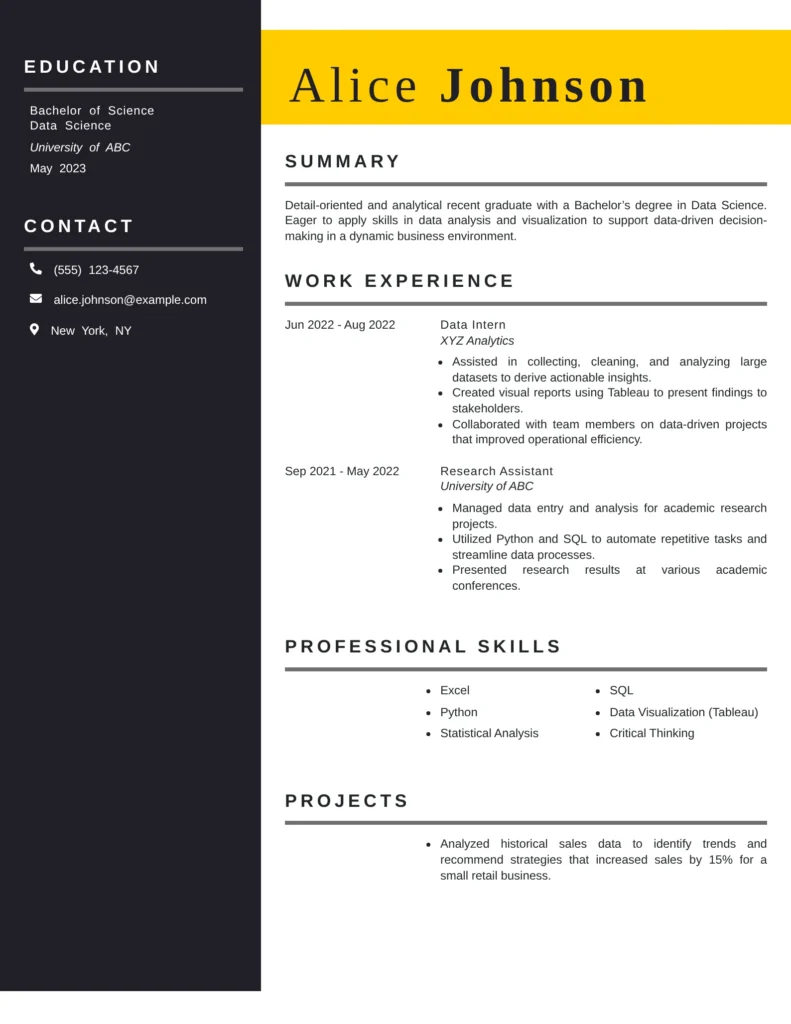 Entry-level Data Analyst resume example for recent graduates highlighting Excel, Python, SQL, academic projects, internships, and data visualization skills.