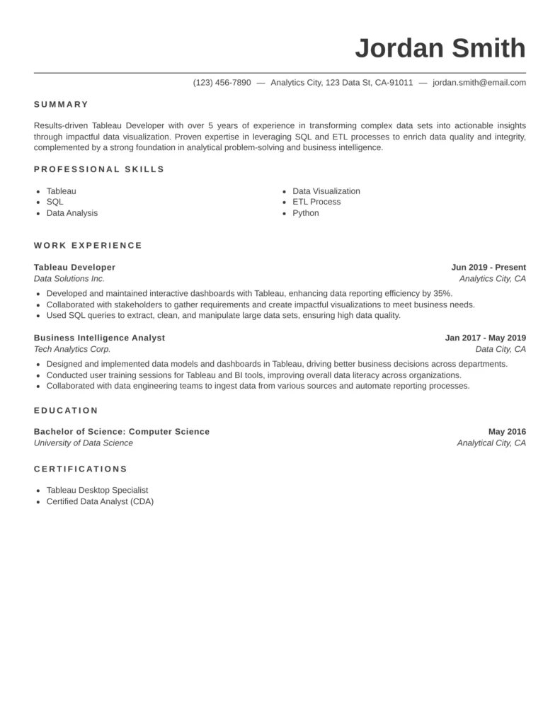 ATS-friendly Tableau Developer resume example showing skills in SQL, data visualization, ETL processes, and dashboard development, featuring experience sections and certifications.