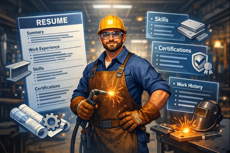 Animated fabricator holding a welding torch with resume sections showing skills, work history, and certifications in a modern workshop