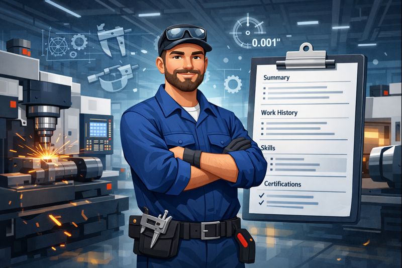 Animated CNC machinist working on modern machines with a digital CNC machinist resume highlighting skills, work history, and certifications.