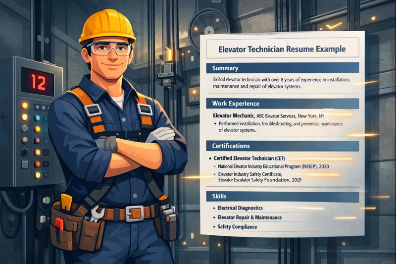 Animated Elevator Technician resume example showing a skilled technician in a lift shaft with a digital resume highlighting experience, skills, and certifications.
