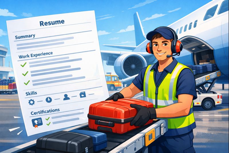 Animated baggage handler resume illustration showing an airport ground crew member loading luggage beside a highlighted professional resume.