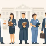 Minimalist illustration of academic professionals standing in front of a university building, representing college lecturer cover letter and academic job applications.