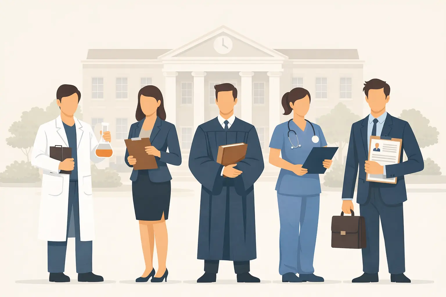 Minimalist illustration of academic professionals standing in front of a university building, representing college lecturer cover letter and academic job applications.