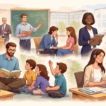Illustration showing teachers, professors, counselors, daycare educators, and online instructors working in classroom and learning environments