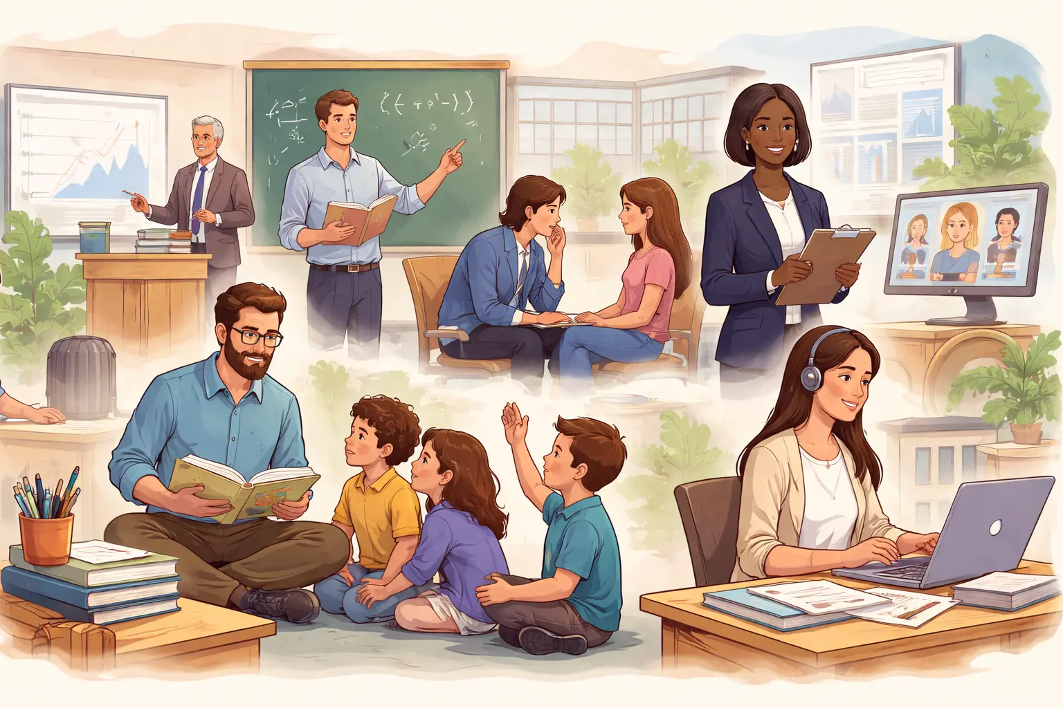 Illustration showing teachers, professors, counselors, daycare educators, and online instructors working in classroom and learning environments