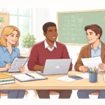 Three high school teachers collaborating at a table in a bright classroom, reviewing lesson plans and teaching materials in a modern, minimalist environment.