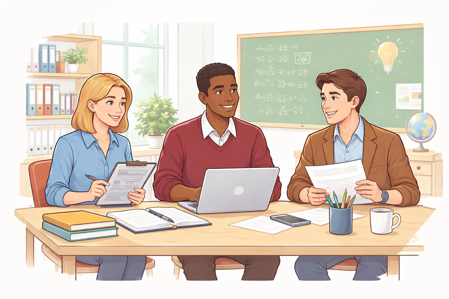 Three high school teachers collaborating at a table in a bright classroom, reviewing lesson plans and teaching materials in a modern, minimalist environment.