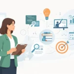 Minimal illustration of a professional primary school teacher holding a clipboard in a modern classroom, representing education, teaching skills, and classroom organization.