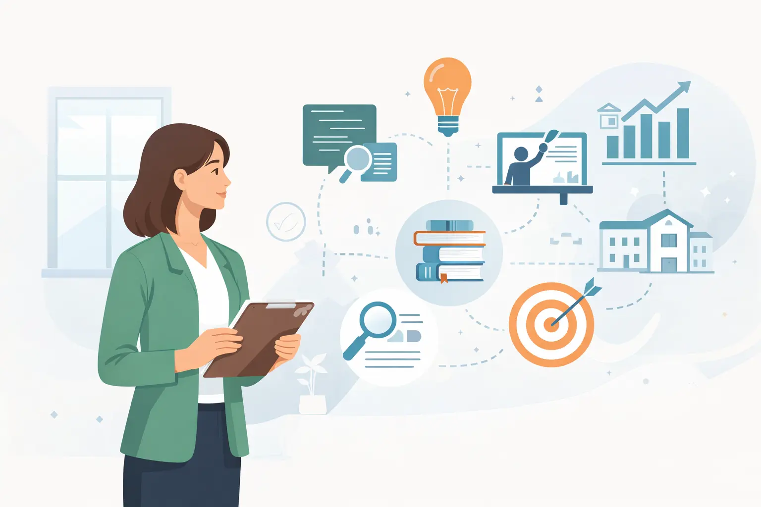 Minimal illustration of a professional primary school teacher holding a clipboard in a modern classroom, representing education, teaching skills, and classroom organization.