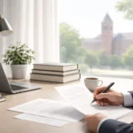 Associate professor reviewing an academic cover letter at a professional university workspace with campus view