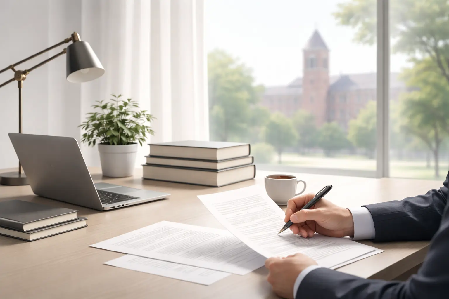 Associate professor reviewing an academic cover letter at a professional university workspace with campus view