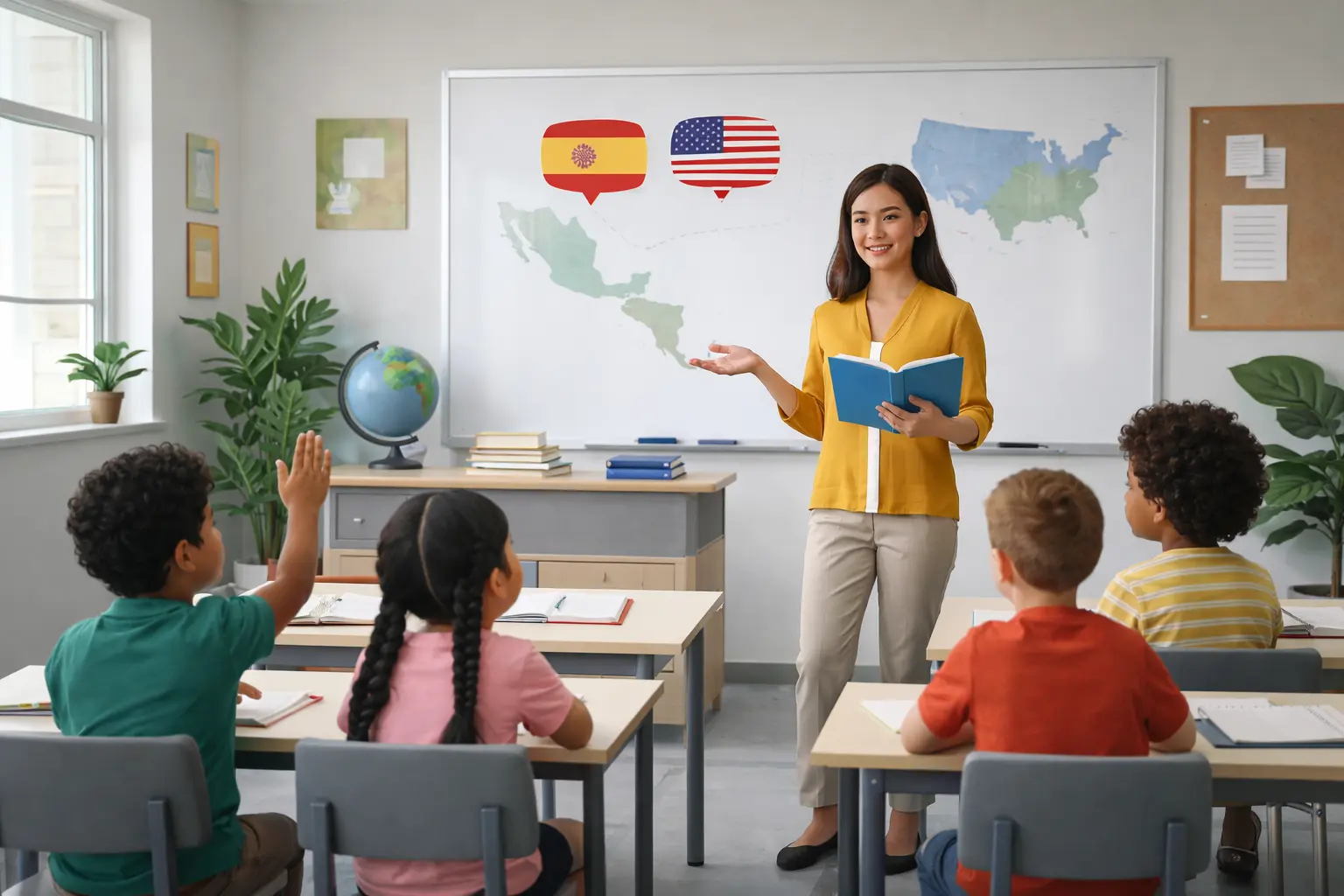 Bilingual teacher conducting a classroom lesson with diverse students in a clean, modern school setting